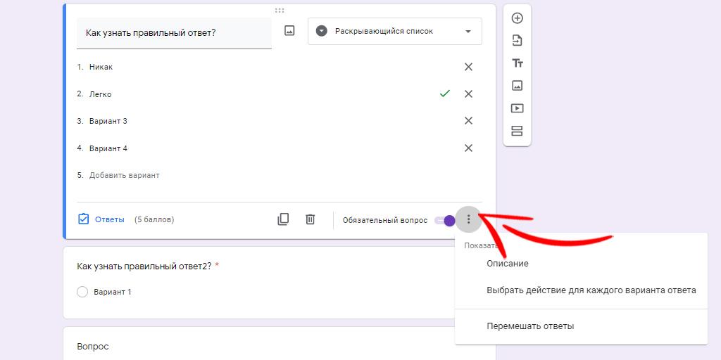 Меню Google Forms внизу